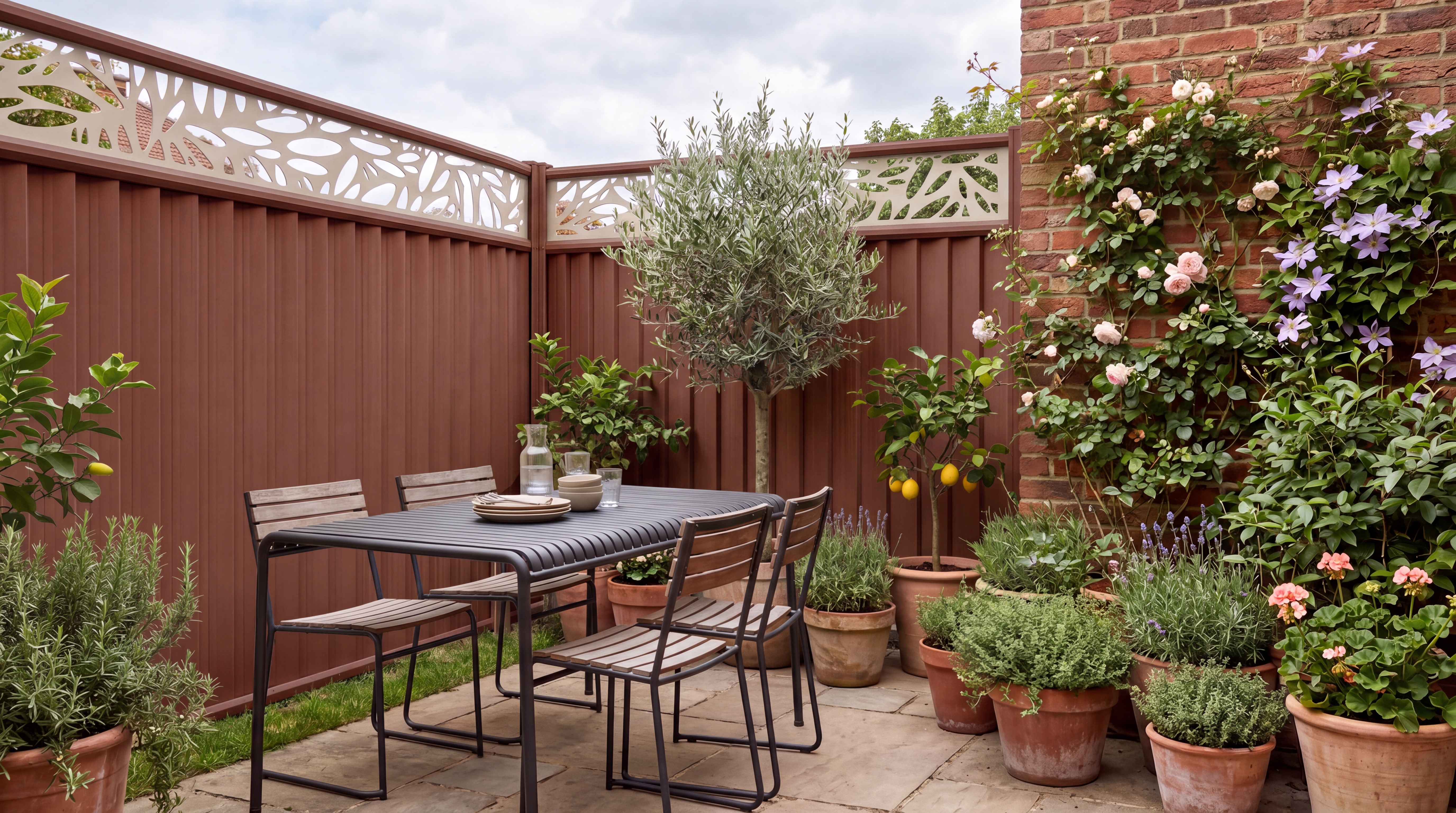 Steel garden fence bordering a driveway with planting