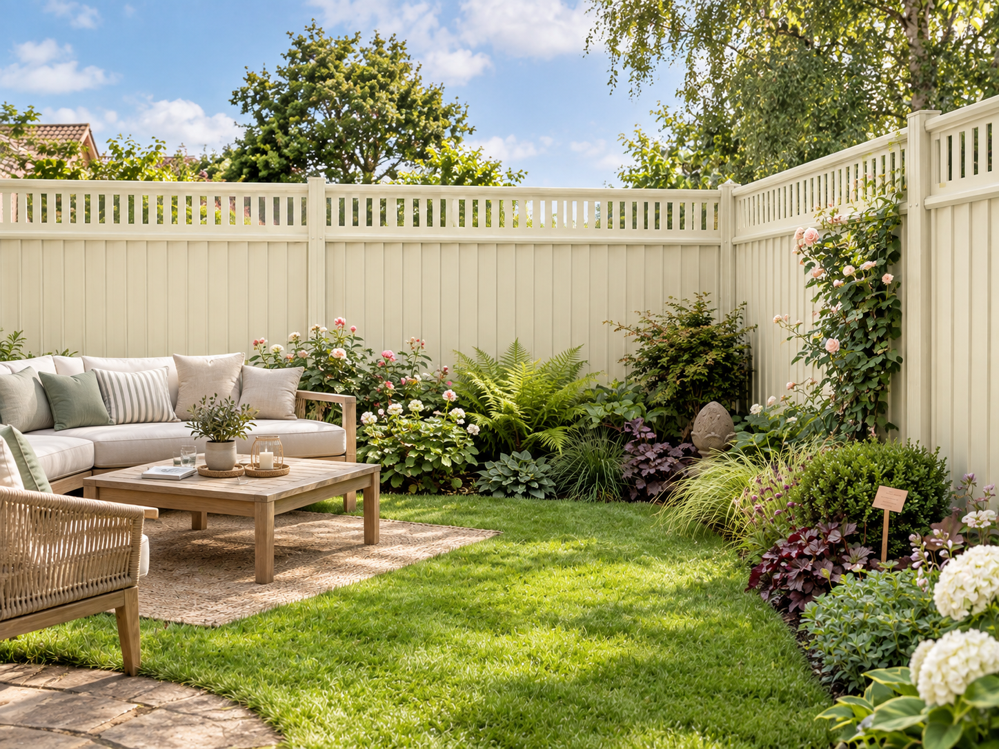 Garden fence with decorative trellis topper alongside a modern house exterior