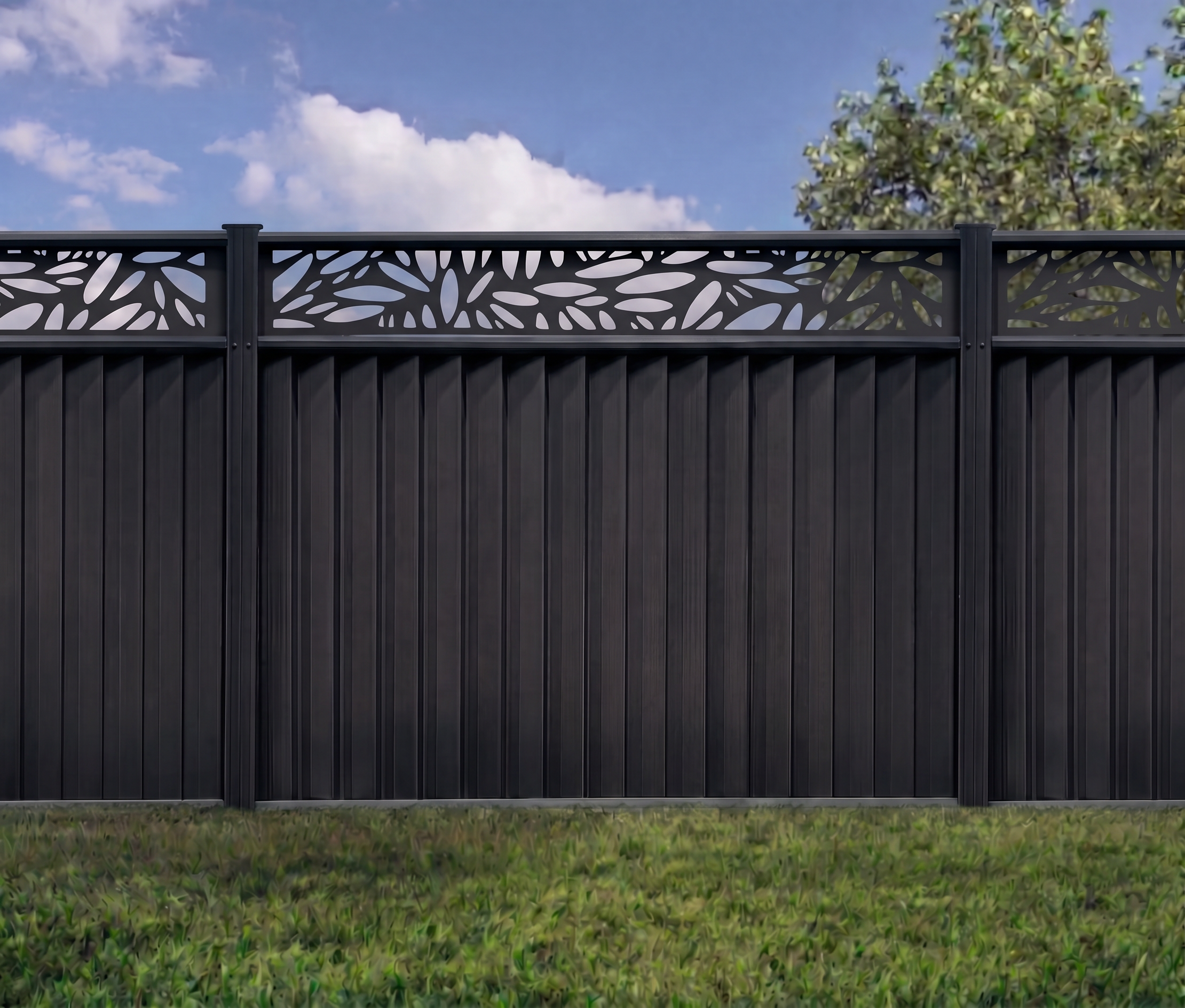 Contemporary steel fence panel in a garden setting