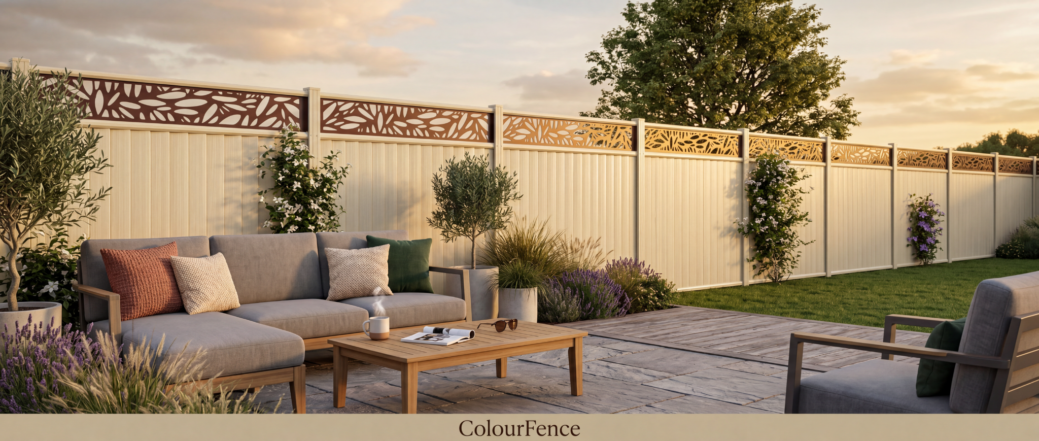 Garden with a modern coloured steel fence