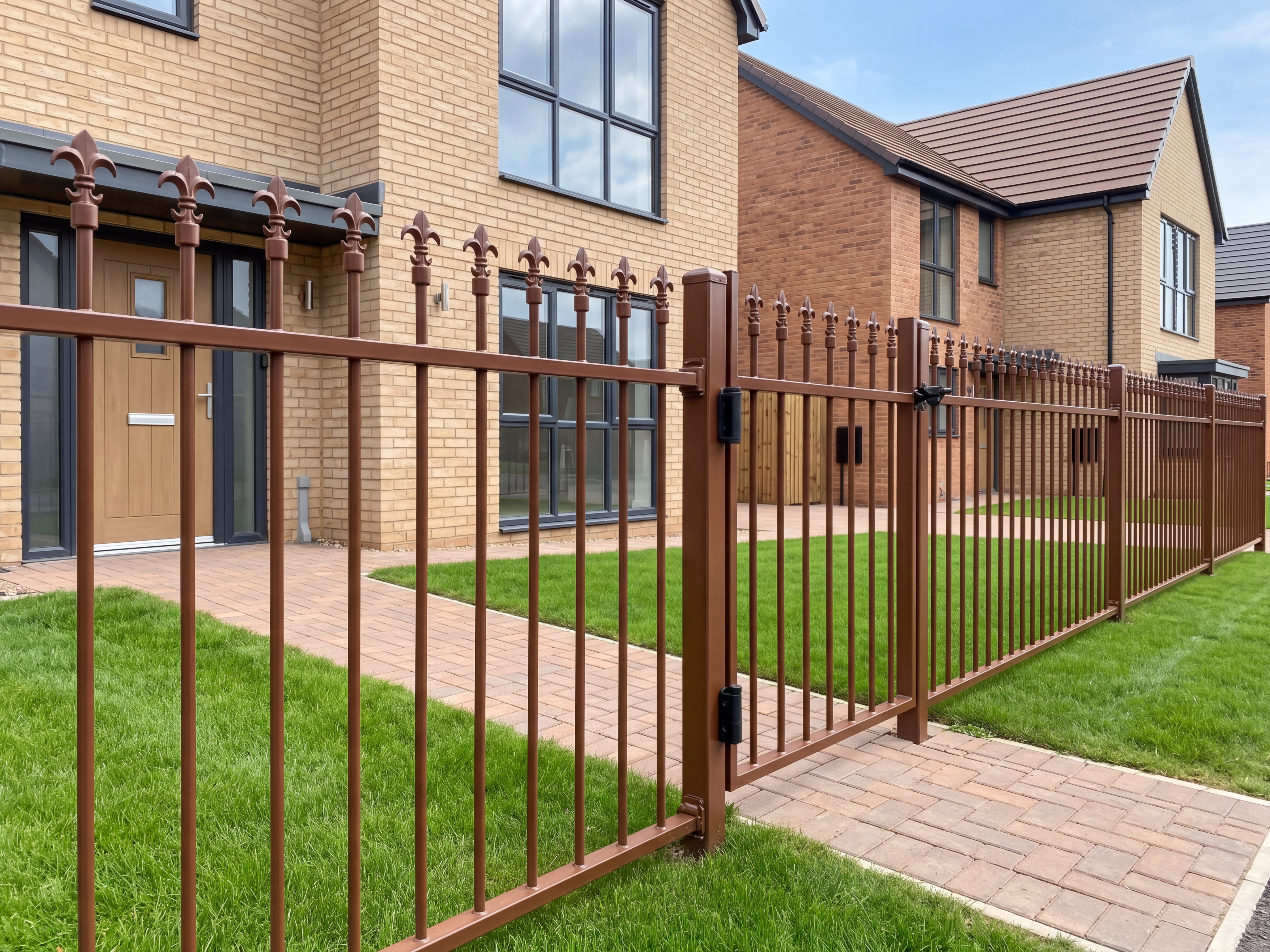 Black powder-coated steel railing along a garden patio