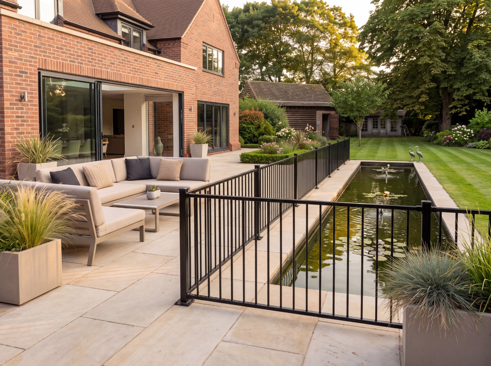 Black steel railing along a garden terrace
