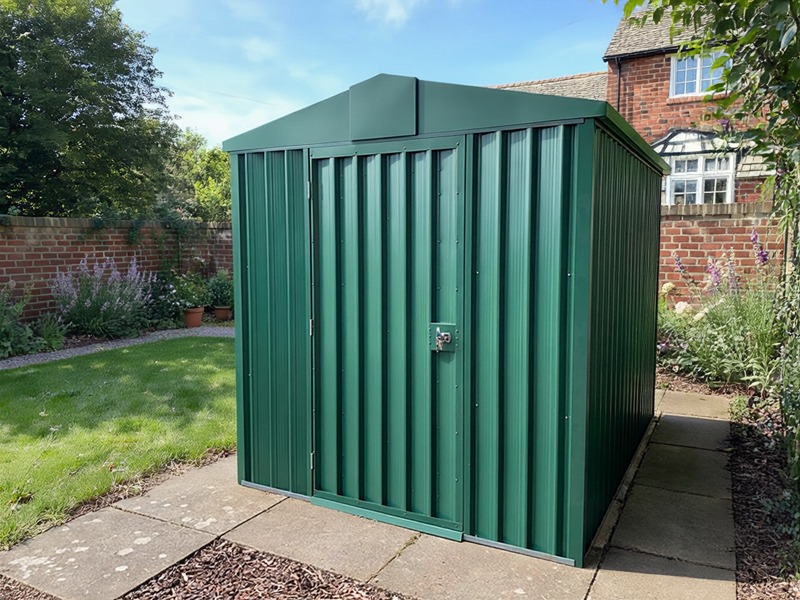 Garden shed viewed through a timber fence gap