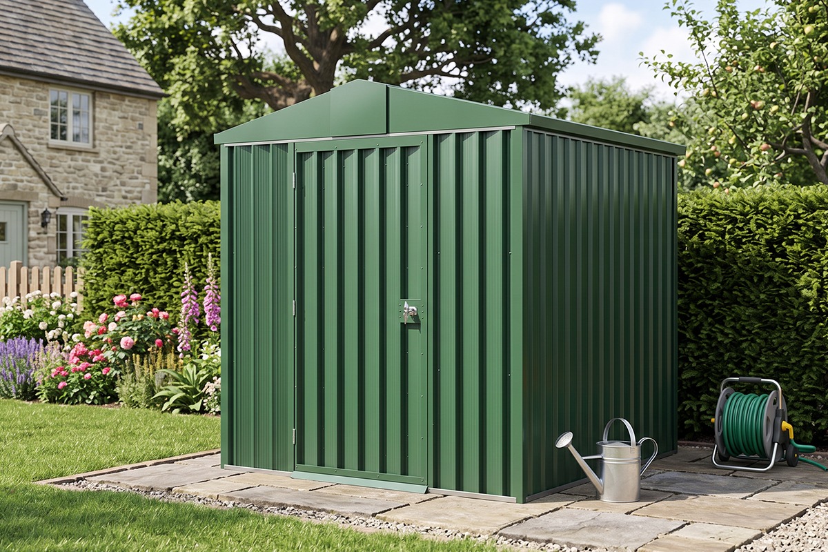 Steel garden shed set within a landscaped garden